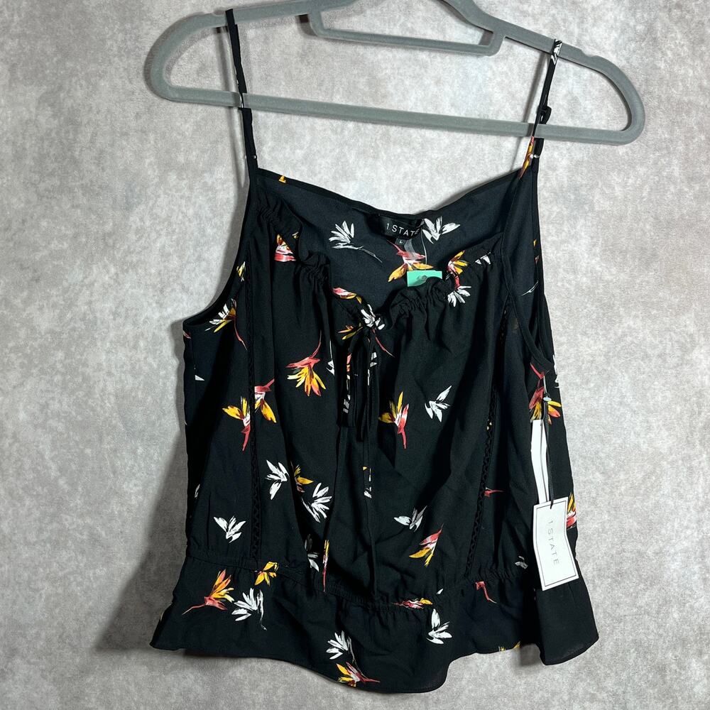 1. State Tabea Top Womens Large Black Floral Spaghetti Strap Ruffle Hem Boho NEW
